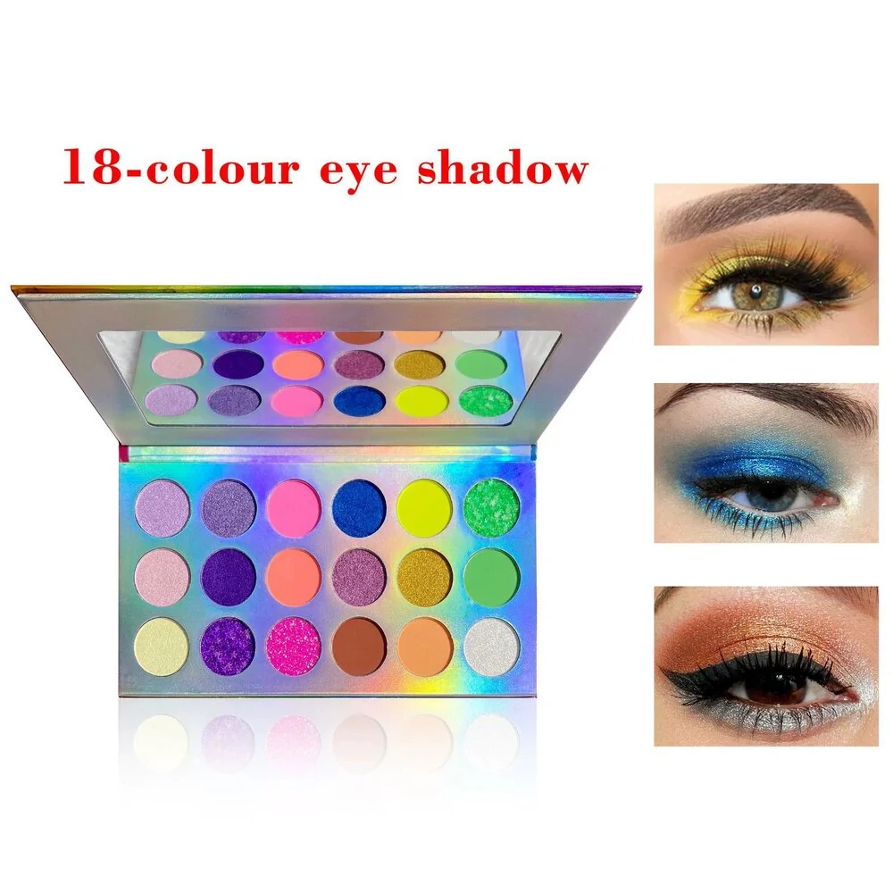 18 Shades Luminous Fluorescent Rainbow Eyeshadow Palette, Glitter Pigmented Stage Party Eye Makeup