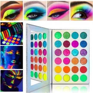 24 Shades Luminous Neon Glitter Eyeshadow Palette, Fluorescent Pigmented Stage Party Eye Makeup