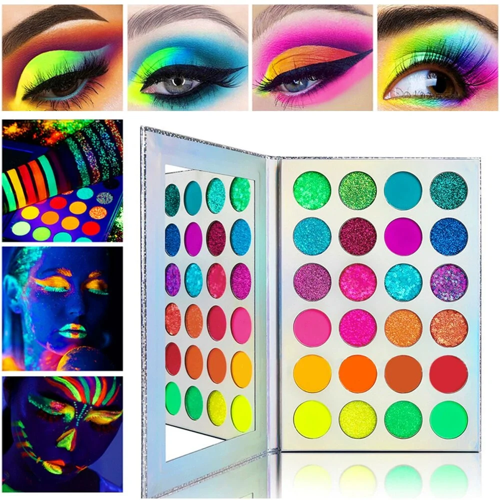 24 Shades Luminous Neon Glitter Eyeshadow Palette, Fluorescent Pigmented Stage Party Eye Makeup