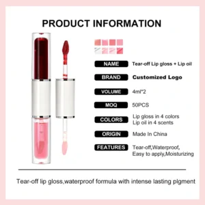 2 In 1 Dual End Peel Off Lip Gloss & Lip Oil Set, 4 Shades Each Hydrating Non Transfer Long Lasting Lip Makeup