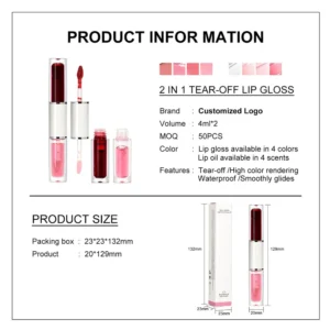 2 In 1 Dual End Peel Off Lip Gloss & Lip Oil Set, 4 Shades Each Hydrating Non Transfer Long Lasting Lip Makeup