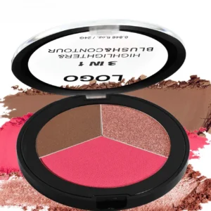 Custom Private Label No Logo 3 Shades All-in-One Highlight Contour Blush Palette, Highly Pigmented Long Wear Facial Makeup