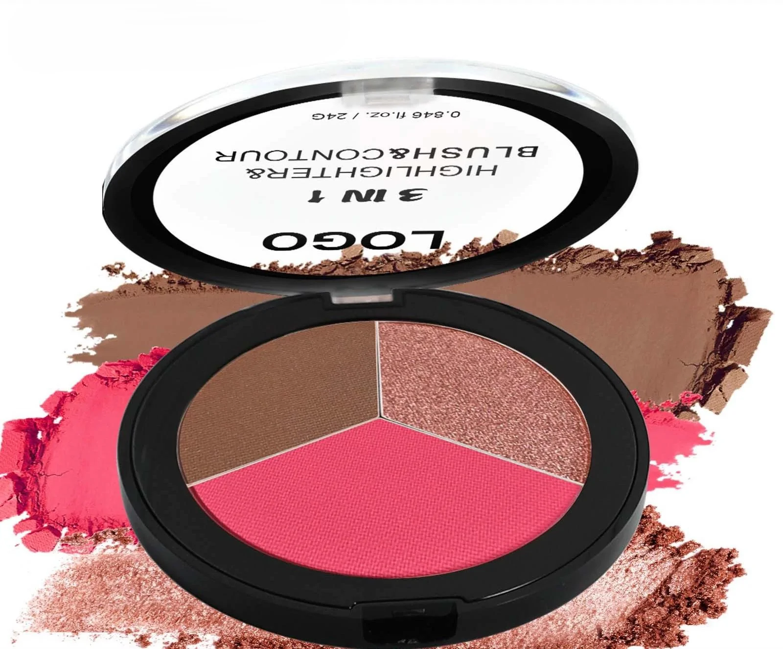 Custom Private Label No Logo 3 Shades All-in-One Highlight Contour Blush Palette, Highly Pigmented Long Wear Facial Makeup