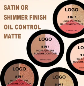 Custom Private Label No Logo 3 Shades All-in-One Highlight Contour Blush Palette, Highly Pigmented Long Wear Facial Makeup