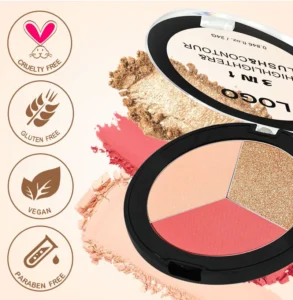 Custom Private Label No Logo 3 Shades All-in-One Highlight Contour Blush Palette, Highly Pigmented Long Wear Facial Makeup