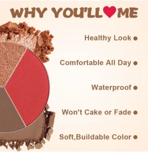 Custom Private Label No Logo 3 Shades All-in-One Highlight Contour Blush Palette, Highly Pigmented Long Wear Facial Makeup