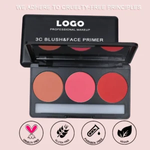 Custom Private Label No Logo 3 Shade Waterproof Sweat Proof Blush Palette, Highly Pigmented Long Wear Natural Nude Facial Rouge