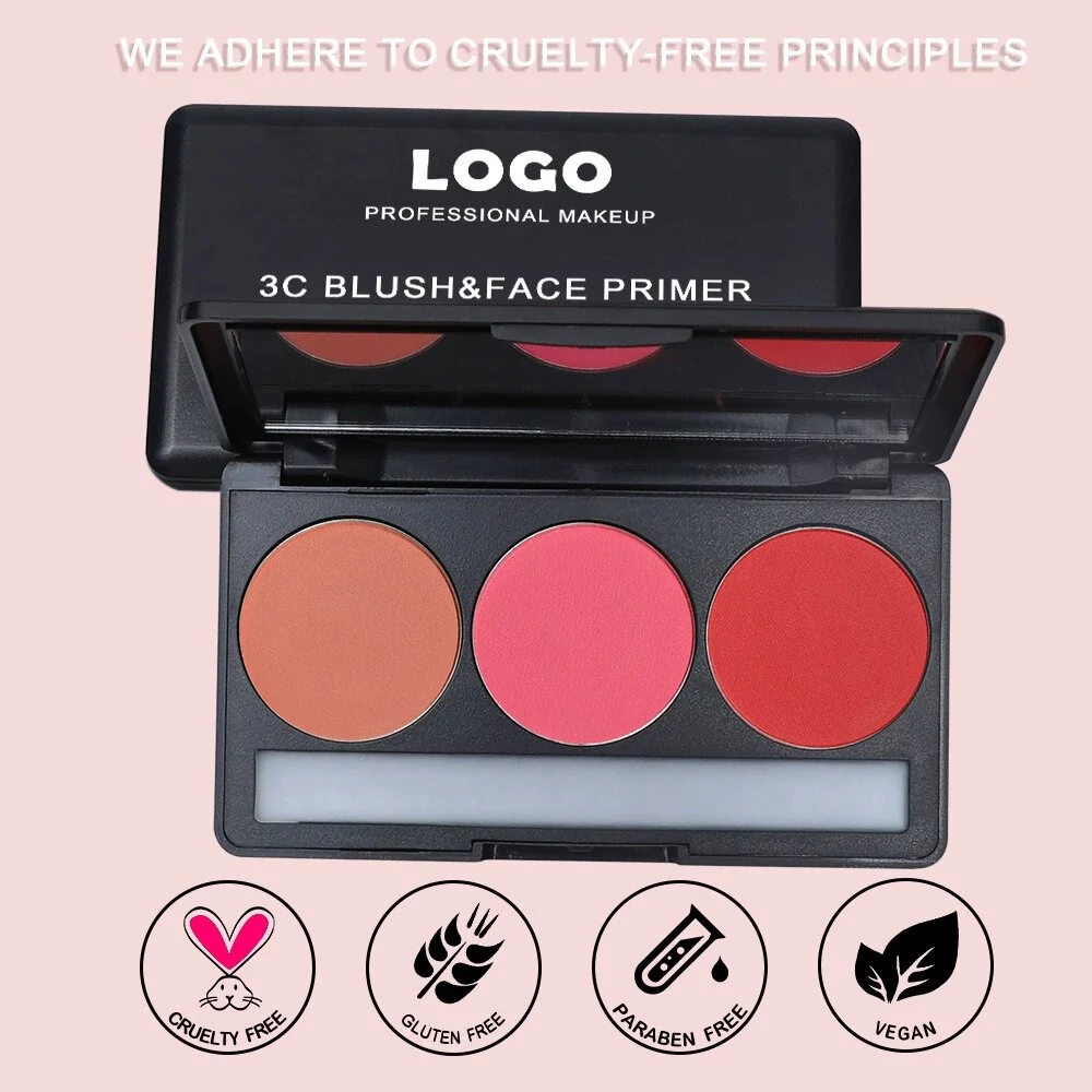 Custom Private Label No Logo 3 Shade Waterproof Sweat Proof Blush Palette, Highly Pigmented Long Wear Natural Nude Facial Rouge