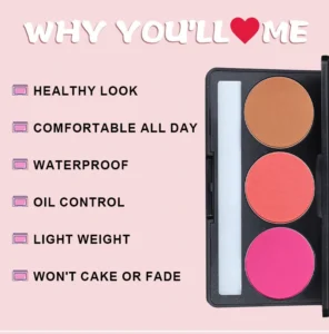 Custom Private Label No Logo 3 Shade Waterproof Sweat Proof Blush Palette, Highly Pigmented Long Wear Natural Nude Facial Rouge