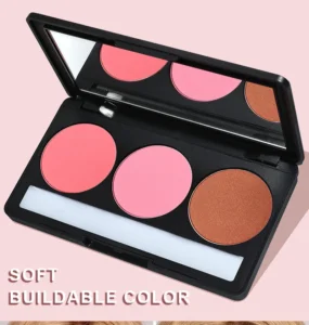 Custom Private Label No Logo 3 Shade Waterproof Sweat Proof Blush Palette, Highly Pigmented Long Wear Natural Nude Facial Rouge
