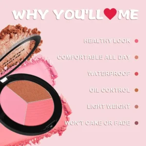 Custom Private Label No Logo 3-Shade Waterproof Sweat-Proof Blush Palette, Highly Pigmented Long-Lasting Natural Nude Facial Rouge