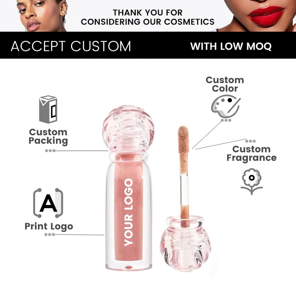 Custom Private Label 65 Shades Dual Effect Lip Gloss with Clear Round Cap, Hydrating Long Wear Plumping Lip Makeup