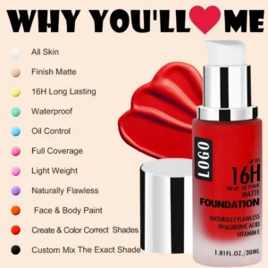 Private Label No Logo Custom Oil Control Colorful Liquid Foundation for Oily Skin, Non-Caking Transfer Resistant Concealing Base Makeup