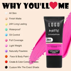 Custom Private Label No Logo Matte Foundation for Oily Skin, Non-Caking Transfer Resistant Full Coverage Concealing Stage Base Makeup