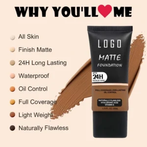 Private Label No Logo Custom Oil Control Matte Liquid Foundation for Oily Skin, Non-Caking Transfer Resistant Full Coverage Concealing Base Makeup