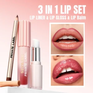 Custom Private Label No Logo 3 In 1 Lip Makeup Tin Set, Contains Lip Gloss, Lip Liner & Hydrating Lip Balm