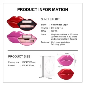 Custom Private Label No Logo 3 In 1 Lip Makeup Tin Set, Contains Lip Gloss, Lip Liner & Hydrating Lip Balm