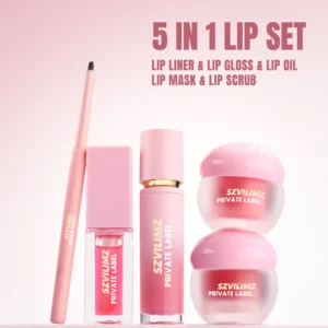 Custom Private Label No Logo 5 In 1 Lip Makeup Set in Tin Box, Includes Lip Gloss, Lip Oil, Lip Mask, Lip Liner & Lip Scrub