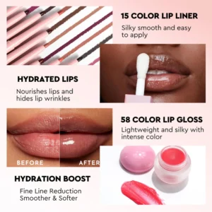 Custom Private Label No Logo 5 In 1 Lip Makeup Set in Tin Box, Includes Lip Gloss, Lip Oil, Lip Mask, Lip Liner & Lip Scrub