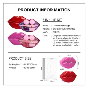 Custom Private Label No Logo 5 In 1 Lip Makeup Set in Tin Box, Includes Lip Gloss, Lip Oil, Lip Mask, Lip Liner & Lip Scrub