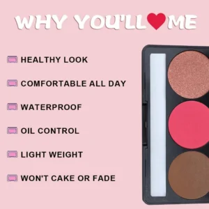 Custom Private Label No Logo Waterproof 3-Shade Multi-Use Blush Highlight Contour Palette, Long-Lasting 3D Facial Sculpting Makeup