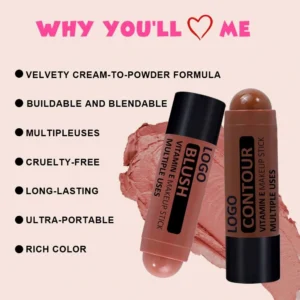 Private Label No Logo Custom Waterproof Multi-Use Contour Highlight Concealer Blush Stick, Transfer-Resistant Long-Lasting 3D Facial Makeup