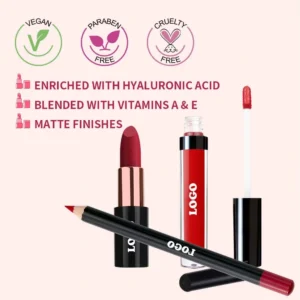 Private Label No Logo 3-in-1 Waterproof Matte Lipstick & Lip Liner Set, Non-Transfer Fade-Resistant Complete Lip Makeup Kit