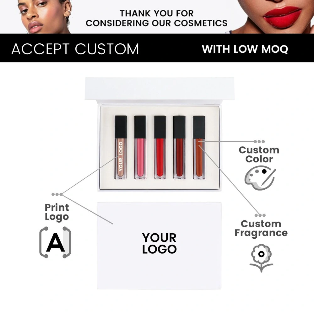 Private Label No Logo 5 Pcs Matte Lip Gloss Gift Set, Non Transfer Cup Proof Hydrating Long Wear Lip Cosmetic Kit