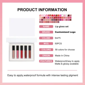 Private Label No Logo 5 Pcs Matte Lip Gloss Gift Set, Non Transfer Cup Proof Hydrating Long Wear Lip Cosmetic Kit
