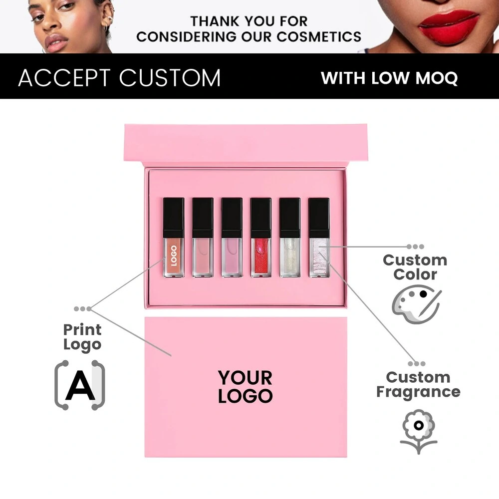 Private Label No Logo 6 Pcs Lip Gloss Set with Clear Tube & Black Cap, Hydrating Long Wear Plumping Lip Cosmetic Kit
