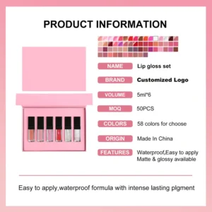 Private Label No Logo 6 Pcs Lip Gloss Set with Clear Tube & Black Cap, Hydrating Long Wear Plumping Lip Cosmetic Kit
