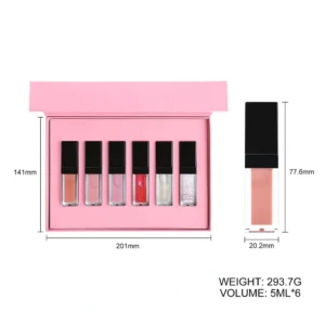 Private Label No Logo 6 Pcs Lip Gloss Set with Clear Tube & Black Cap, Hydrating Long Wear Plumping Lip Cosmetic Kit