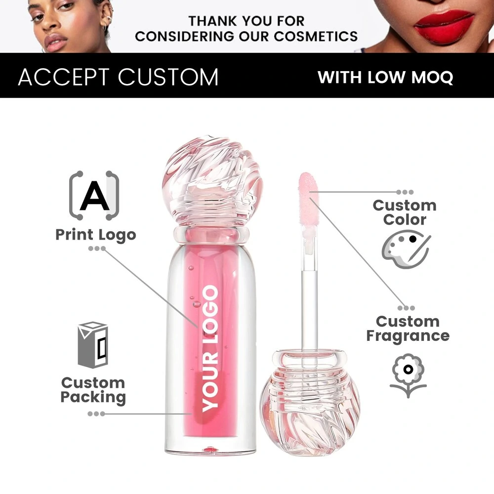 Private Label No Logo 6 Shades Fruit Flavor Clear Hydrating Plumping Lip Oil, Dewy Dudu Lips Nourishing Daily Lip Care
