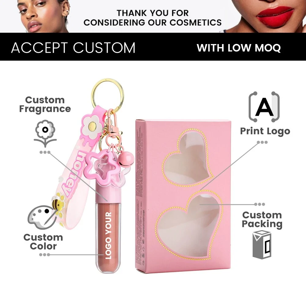 Private Label No Logo Cute Bee Pendant Decor Multi Shade Lip Gloss, Hydrating Long Wear Non Transfer Plumping Lip Makeup