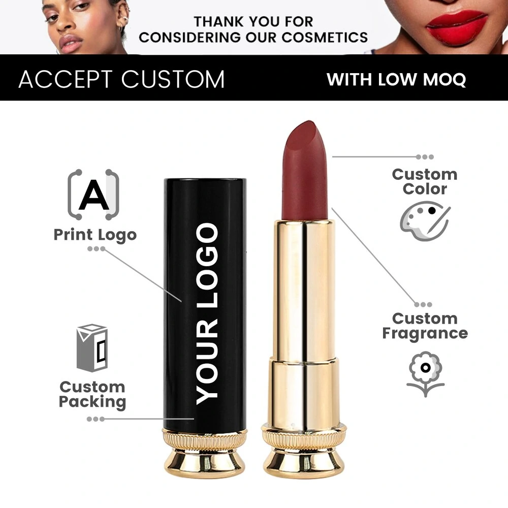 Private Label No Logo Black Gold Tube Velvet Matte Lipstick, Non Transfer Cup Proof Long Lasting Hydrating Lip Makeup