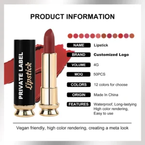 Private Label No Logo Black Gold Tube Velvet Matte Lipstick, Non Transfer Cup Proof Long Lasting Hydrating Lip Makeup