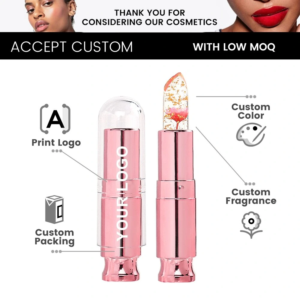 Private Label No Logo Clear Temperature Changing Flower Lipstick, Hydrating Nourishing Long Wear Lip Makeup