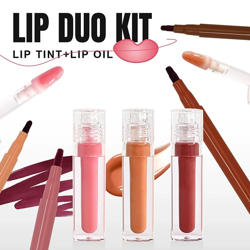 Private Label No Logo Mirror Hydrating Lip Gloss & Matte Lip Liner Set with Lip Brush, Long Lasting Non-transfer Lip Makeup Kit