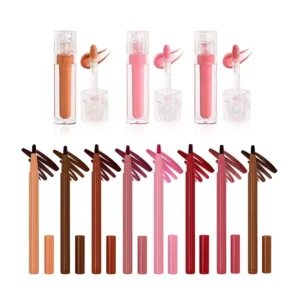Private Label No Logo Mirror Hydrating Lip Gloss & Matte Lip Liner Set with Lip Brush, Long Lasting Non-transfer Lip Makeup Kit