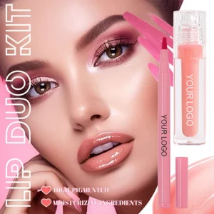 Private Label No Logo Mirror Hydrating Lip Gloss & Matte Lip Liner Set with Lip Brush, Long Lasting Non-transfer Lip Makeup Kit