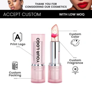 Private Label No Logo Temperature Changing Flower Lipstick with Real Dried Flower & Gold Foil, Pink Tube Hydrating Nourishing Lipstick