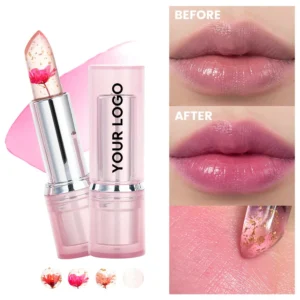 Private Label No Logo Temperature Changing Flower Lipstick with Real Dried Flower & Gold Foil, Pink Tube Hydrating Nourishing Lipstick