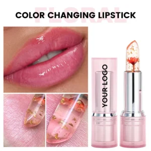 Private Label No Logo Temperature Changing Flower Lipstick with Real Dried Flower & Gold Foil, Pink Tube Hydrating Nourishing Lipstick