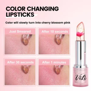 Private Label No Logo Temperature Changing Flower Lipstick with Real Dried Flower & Gold Foil, Pink Tube Hydrating Nourishing Lipstick