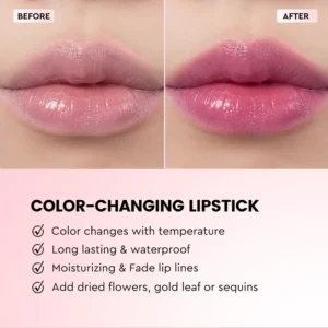 Private Label No Logo Temperature Changing Flower Lipstick with Real Dried Flower & Gold Foil, Pink Tube Hydrating Nourishing Lipstick
