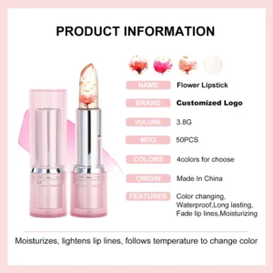 Private Label No Logo Temperature Changing Flower Lipstick with Real Dried Flower & Gold Foil, Pink Tube Hydrating Nourishing Lipstick