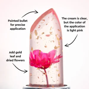 Private Label No Logo Temperature Changing Flower Lipstick with Real Dried Flower & Gold Foil, Pink Tube Hydrating Nourishing Lipstick