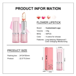 Private Label No Logo Temperature Changing Flower Lipstick with Real Dried Flower & Gold Foil, Pink Tube Hydrating Nourishing Lipstick