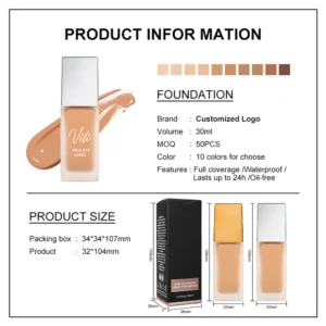Private Label No Logo Waterproof Oil Control Liquid Foundation, Natural Brightening Full Coverage Long Wear Base Makeup
