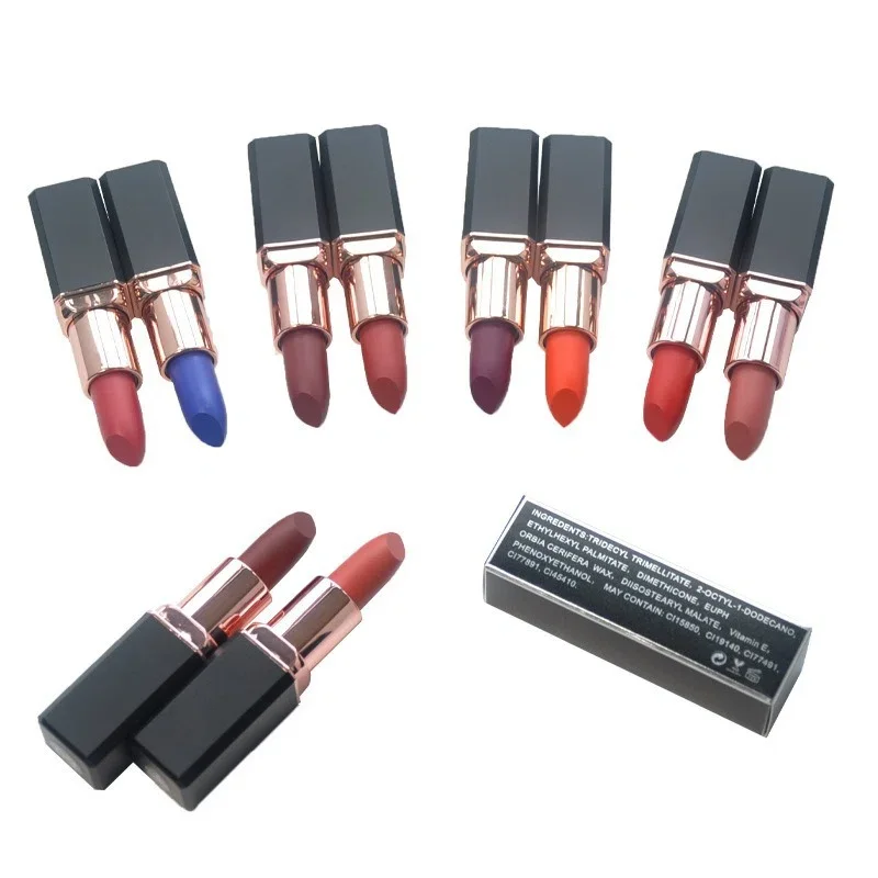 Private Label No Logo Matte Square Tube Lipstick, White & Black Tube Non-transfer Lip Color for Export